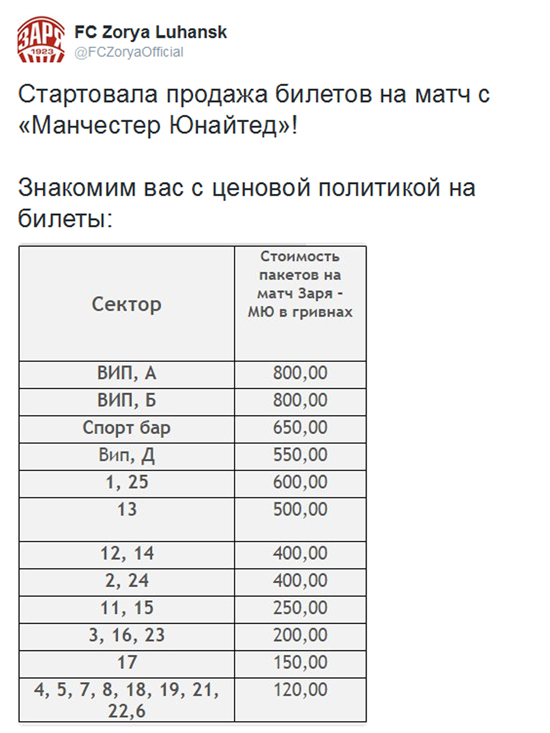 Стало відомо, скілько коштуватимуть квитки на матч «Зоря» - МЮ - фото 1