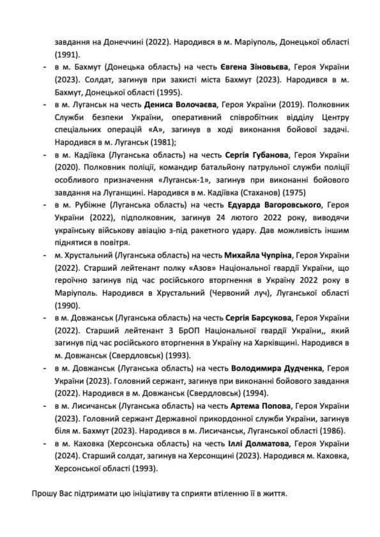 "УДАР Віталія Кличка" запропонував механізм перейменування вулиць тимчасово окупованих міст на честь героїв-захисників